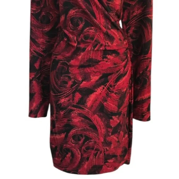 Norma Kamali red & black feather print faux wrap ls jersey dress size L in EUC - Picture 8 of 15